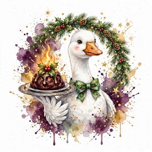 Goose Christmas PNG | Watercolor Goose with Flaming Christmas Pudding, Holly Bow Tie, Sublimation Design