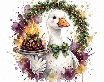 Ganso navideño PNG / Ganso en acuarela con pudín navideño en llamas, pajarita de acebo, diseño de sublimación