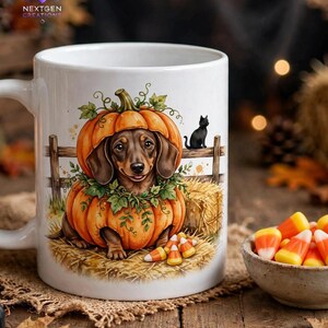 May include: A white ceramic mug featuring a colorful illustration of a brown dachshund sitting inside a large orange pumpkin. The scene includes a wooden fence, a small black cat, green vines, and scattered candy corn on a hay bale.