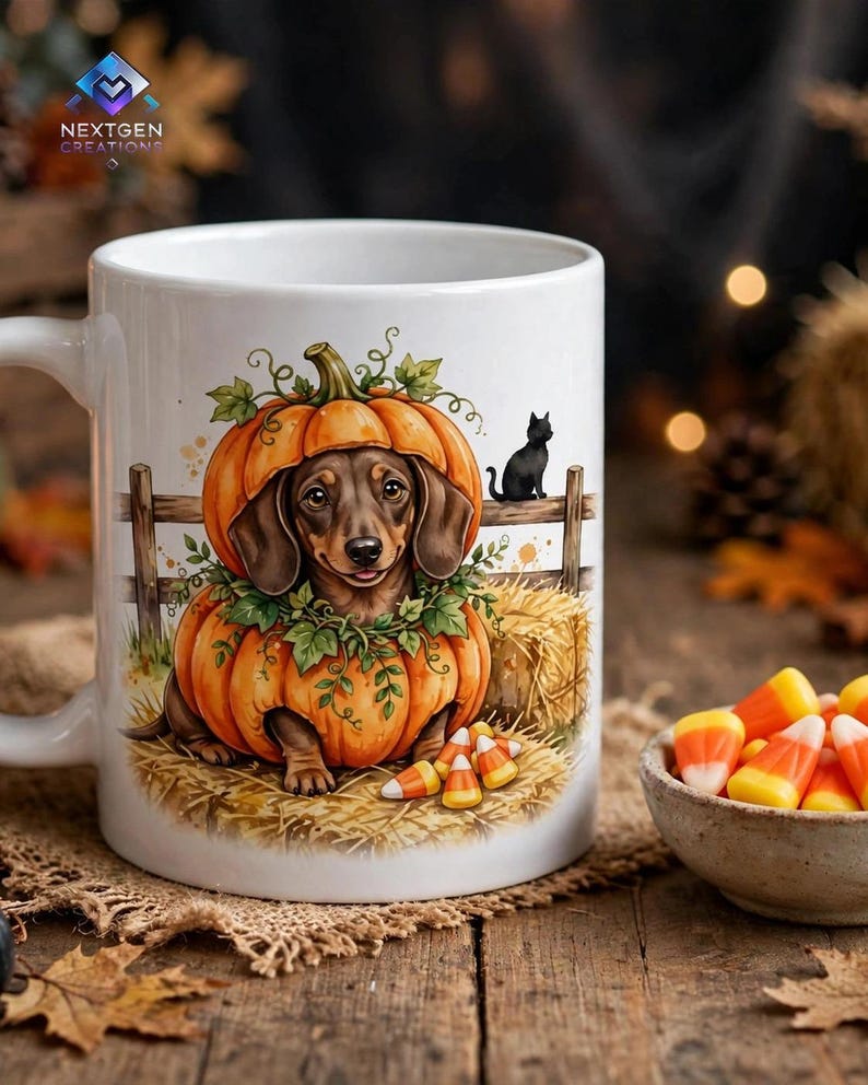 May include: A white ceramic mug featuring a colorful illustration of a brown dachshund sitting inside a large orange pumpkin. The scene includes a wooden fence, a small black cat, green vines, and scattered candy corn on a hay bale.