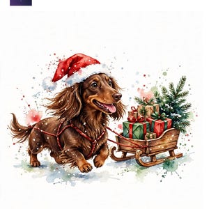 May include: A watercolor illustration of a long-haired brown dachshund wearing a red and white Santa hat, pulling a wooden sled filled with wrapped Christmas gifts and a small pine tree, set against a white background with snow.