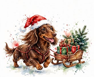 Puede incluir: Una ilustración en acuarela de un perro salchicha marrón de pelo largo con un gorro de Papá Noel rojo y blanco, tirando de un trineo de madera lleno de regalos envueltos y un pequeño pino, sobre un fondo blanco con nieve.