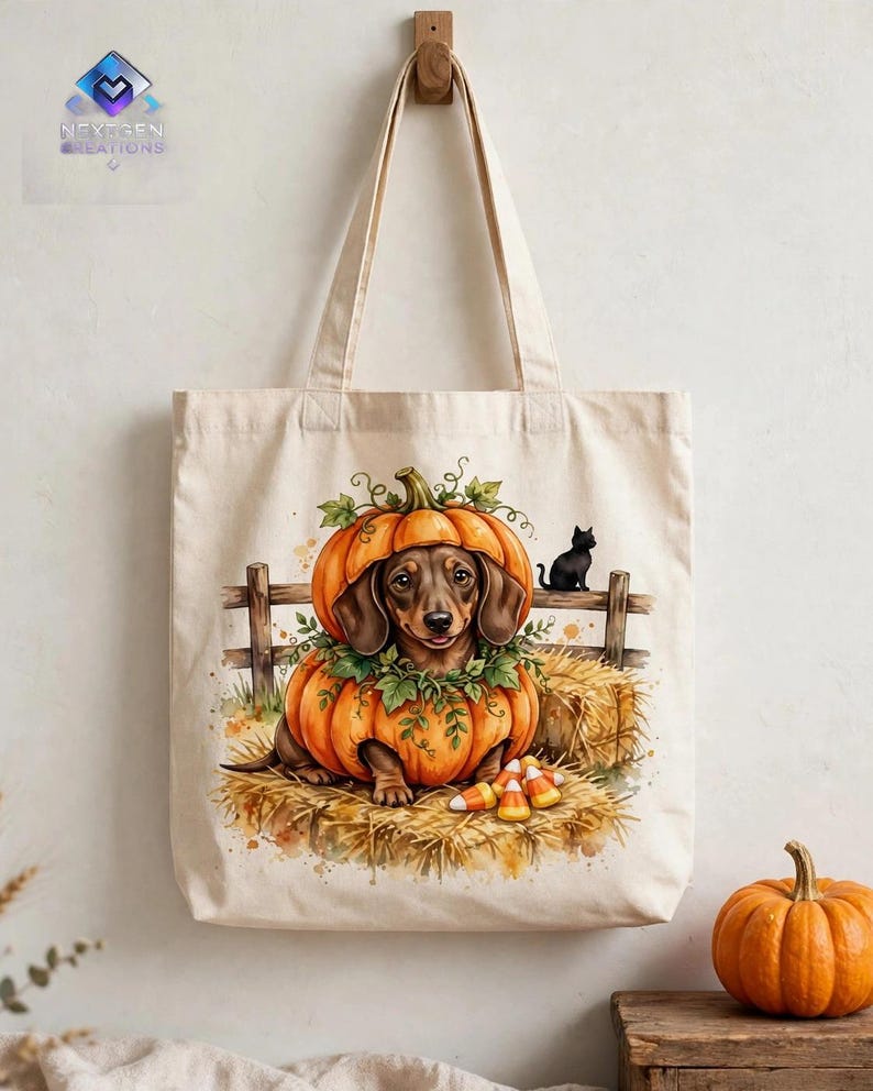 May include: A beige canvas tote bag featuring a printed illustration of a brown dachshund sitting inside a large orange pumpkin. The scene includes a small black cat on a wooden fence, hay bales, and candy corn on the ground.