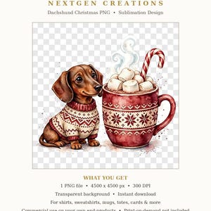 May include: A brown dachshund wearing a cream and red patterned sweater sits beside a large red mug filled with hot cocoa, topped with white marshmallows and a red and white striped candy cane, featuring steam rising above.