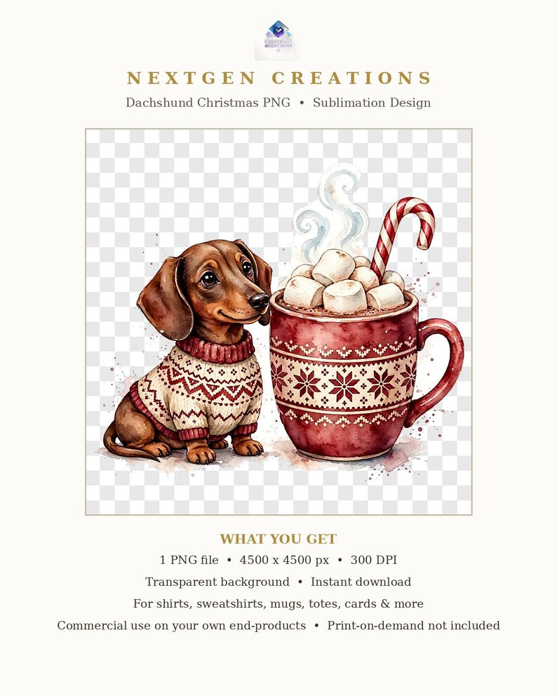 May include: A brown dachshund wearing a cream and red patterned sweater sits beside a large red mug filled with hot cocoa, topped with white marshmallows and a red and white striped candy cane, featuring steam rising above.