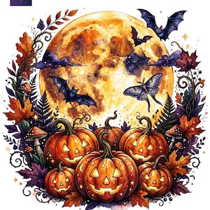 May include: A circular illustration featuring five carved jack-o'-lanterns with glowing faces, surrounded by autumn leaves, mushrooms, and ferns. Above the pumpkins, a large full moon is flanked by two flying bats and a moth.