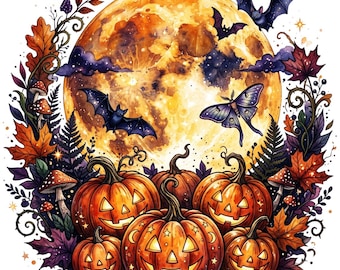 Puede incluir: Una ilustración circular con cinco calabazas talladas con rostros brillantes, rodeadas de hojas de otoño, setas y helechos. Sobre las calabazas, una gran luna llena está flanqueada por dos murciélagos voladores y una polilla.