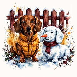 Dachshund Christmas PNG, Watercolour Dachshund in Puffer Vest with Snow Dog, Cute Winter Dog Sublimation Design, Instant Download image 1