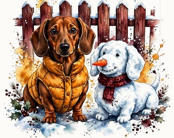 PNG de perro salchicha navideño, perro salchicha en acuarela con chaleco acolchado y perro de nieve, lindo diseño de perro de invierno para sublimación, descarga instantánea