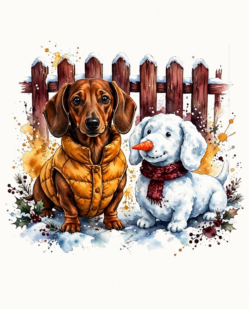 Dachshund Christmas PNG, Watercolour Dachshund in Puffer Vest with Snow Dog, Cute Winter Dog Sublimation Design, Instant Download image 1
