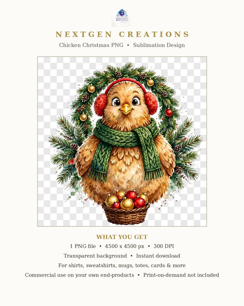 K&ouml;nnte beinhalten: Eine digitale Illustration eines hellbraunen Huhns mit roten Ohrensch&uuml;tzern und einem gr&uuml;nen Strickschal vor einem Tannenkranz mit Weihnachtskugeln. Das Huhn h&auml;lt einen braunen Weidenkorb, der mit roten und goldenen Weihnachtskugeln gef&uuml;llt ist.