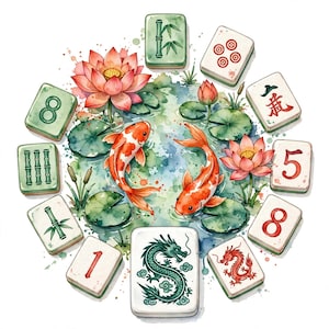 Imágenes prediseñadas de Mahjong, estanque de carpas koi, acuarela PNG, diseño de sublimación, azulejo de dragón loto