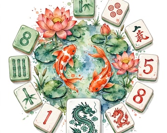 Imágenes prediseñadas de Mahjong, estanque de carpas koi, acuarela PNG, diseño de sublimación, azulejo de dragón loto