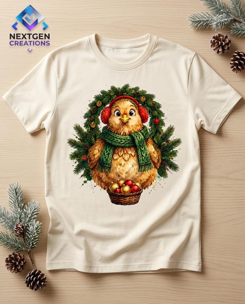 K&ouml;nnte beinhalten: Ein cremefarbenes T-Shirt mit einer Grafik eines flauschigen braunen Vogels, der rote Ohrensch&uuml;tzer und einen gr&uuml;nen Strickschal tr&auml;gt. Der Vogel ist in einem Tannenkranz zentriert und h&auml;lt einen braunen Korb mit roten und goldenen Weihnachtskugeln.
