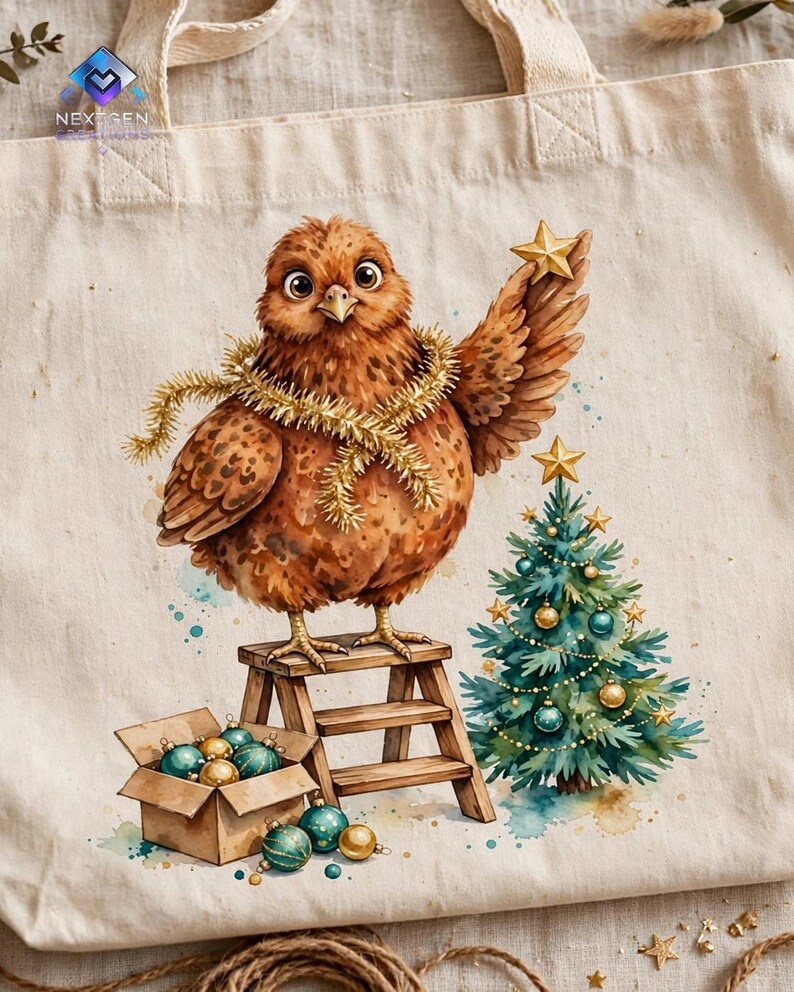 PNG de gallina navideña – Gallina de acuarela en una escalera decorando un mini árbol, clipart de sublimación de árbol de Navidad estilo granja, descarga digital imagen 5