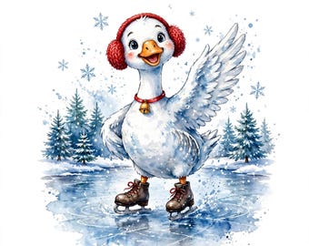 Puede incluir: Un ganso blanco con orejeras rojas y un collar rojo con un cascabel dorado, patinando sobre hielo en un estanque congelado. La escena presenta un estilo de acuarela con pinos azules de fondo y copos de nieve cayendo en el ambiente.