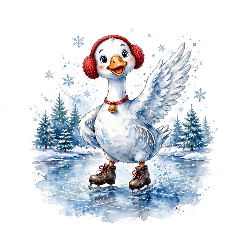 Puede incluir: Un ganso blanco con orejeras rojas y un collar rojo con un cascabel dorado, patinando sobre hielo en un estanque congelado. La escena presenta un estilo de acuarela con pinos azules de fondo y copos de nieve cayendo en el ambiente.
