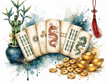 Puede incluir: Un conjunto de fichas de mahjong dispuestas en abanico, con diseños de dragones y bambú. Junto a las fichas hay una planta de bambú en maceta, un adorno de borla roja y un montón de monedas y lingotes dorados sobre un fondo de acuarela.