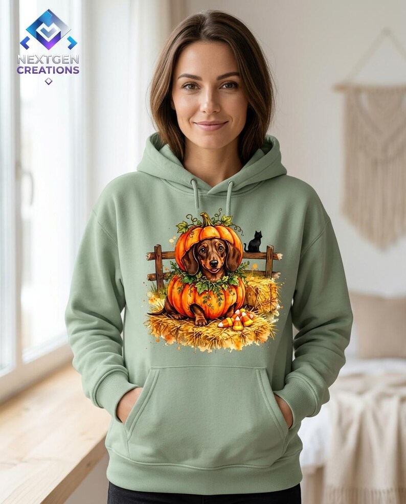 May include: A sage green hooded sweatshirt featuring a graphic print of a brown dachshund sitting inside a large orange pumpkin. The design includes a wooden fence, hay bales, candy corn, and a small black cat silhouette.