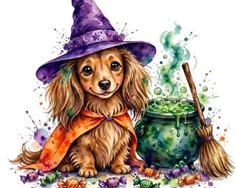 May include: A watercolor illustration of a long-haired brown dog wearing a purple witch hat and an orange cape. Next to the dog is a green cauldron bubbling with green liquid and a wooden broomstick. Scattered candies surround the dog.