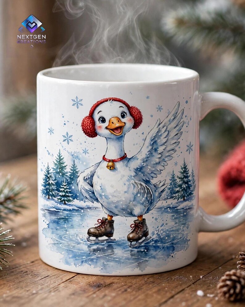 Puede incluir: Una taza de cer&aacute;mica blanca con una ilustraci&oacute;n en acuarela de un ganso que lleva orejeras rojas y un collar con un peque&ntilde;o cascabel. El ganso patina sobre un estanque helado rodeado de pinos y copos de nieve. La taza tiene un asa lateral.