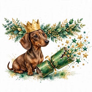 Imagen PNG de perro salchicha navideño, sublimación de perro de galleta navideña, clipart de acuarela de perro salchicha con corona dorada