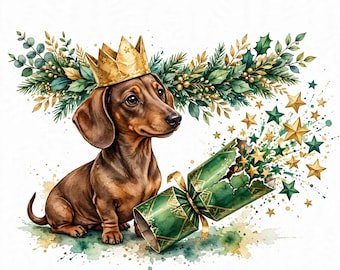 Imagen PNG de perro salchicha navideño, sublimación de perro de galleta navideña, clipart de acuarela de perro salchicha con corona dorada