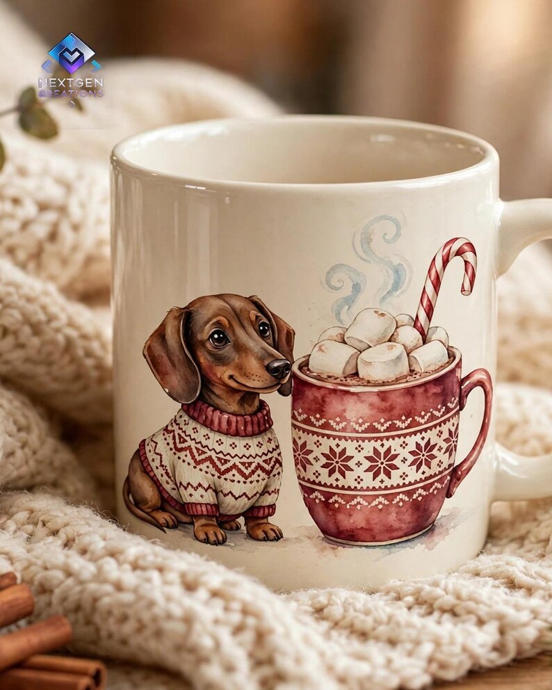 May include: A cream-colored ceramic mug featuring a brown dachshund wearing a white and red patterned sweater. Next to the dog is a smaller red mug filled with marshmallows and a candy cane. The mug has a handle and a smooth finish.