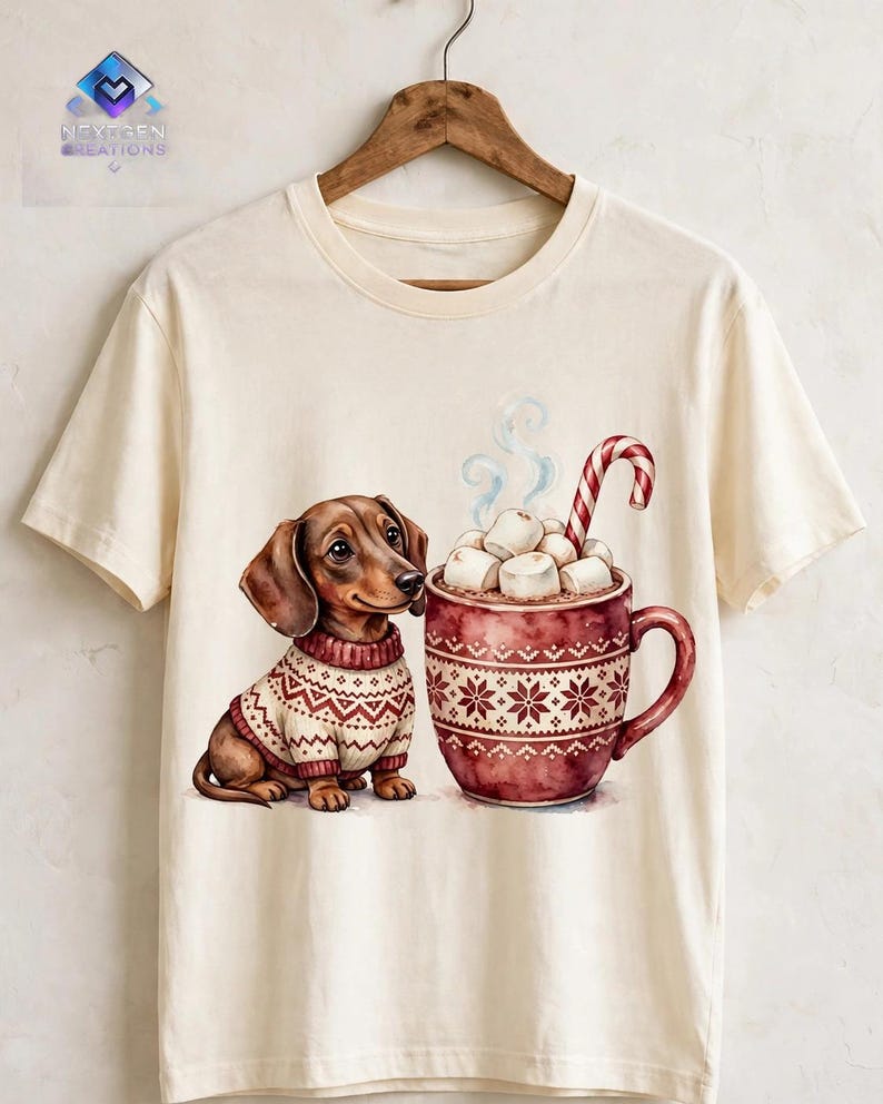 May include: A cream-colored t-shirt featuring a graphic of a brown dachshund wearing a patterned sweater sitting next to a large red mug filled with hot cocoa, marshmallows, and a candy cane. The mug has a white snowflake-like pattern.