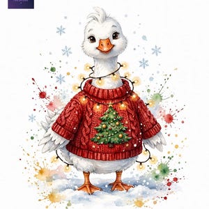 May include: A white goose wearing a red cable-knit sweater featuring a green Christmas tree graphic. The goose is draped in a string of glowing yellow fairy lights, surrounded by watercolor-style snowflakes and colorful paint splatters.