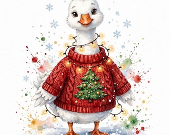 Puede incluir: Un ganso blanco con un suéter rojo de punto trenzado que presenta un gráfico de árbol de Navidad verde. El ganso está envuelto en una cadena de luces amarillas brillantes, rodeado de copos de nieve estilo acuarela y salpicaduras de pintura.