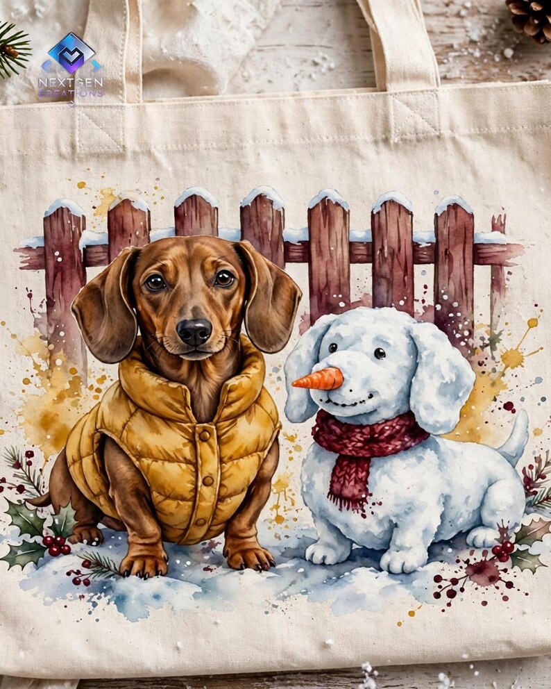 Dachshund Christmas PNG, Watercolour Dachshund in Puffer Vest with Snow Dog, Cute Winter Dog Sublimation Design, Instant Download image 3