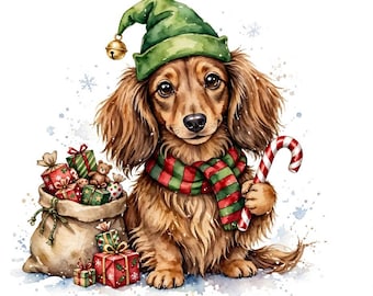 Puede incluir: Un perro salchicha marrón de pelo largo con un gorro de elfo verde con un cascabel dorado y una bufanda a rayas rojas y verdes. El perro sostiene un bastón de caramelo rojo y blanco, sentado junto a un saco beige lleno de regalos.