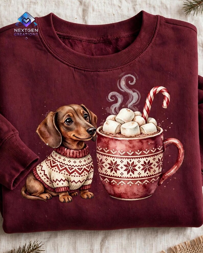 May include: A maroon crewneck sweatshirt featuring a graphic of a brown dachshund wearing a white and maroon patterned sweater next to a mug of hot cocoa topped with marshmallows and a candy cane. The text NEXTGEN CREATIONS is visible.