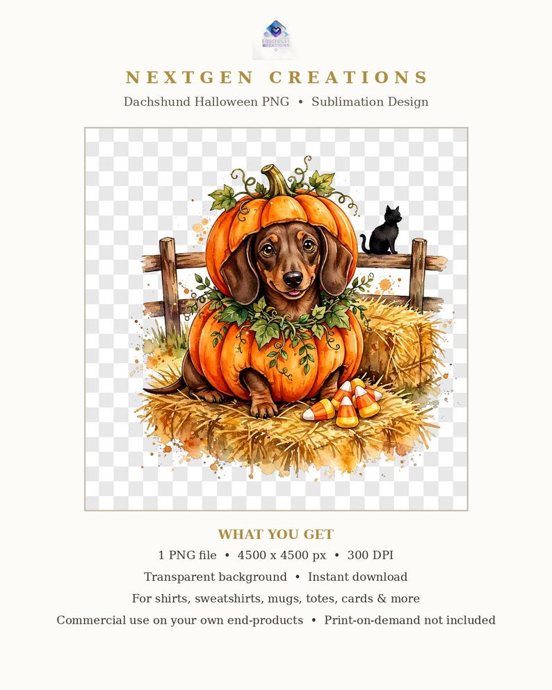 May include: A digital illustration of a brown dachshund wearing a pumpkin costume, sitting on hay bales with candy corn, a wooden fence, and a black cat. Text reads: NEXTGEN CREATIONS Dachshund Halloween PNG Sublimation Design WHAT YOU GET.