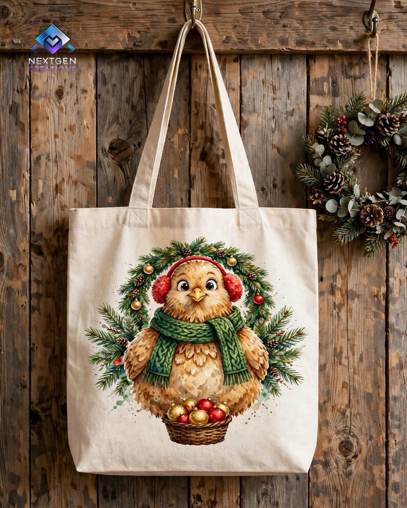 K&ouml;nnte beinhalten: Eine beigefarbene Stofftasche mit einer Grafik eines flauschigen braunen Vogels, der einen gr&uuml;nen Strickschal und rote Ohrensch&uuml;tzer tr&auml;gt. Der Vogel ist vor einem Tannenkranz abgebildet und h&auml;lt einen kleinen braunen Korb mit roten und goldenen Kugeln.