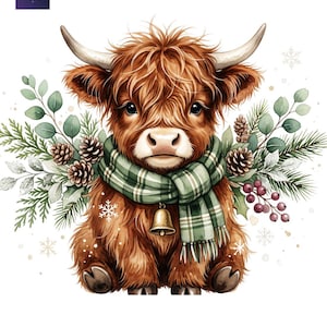 May include: A fluffy brown Highland calf wearing a green and white plaid scarf with a small gold bell. The calf is surrounded by pine branches, pinecones, eucalyptus leaves, red berries, and white snowflakes on a plain white background.