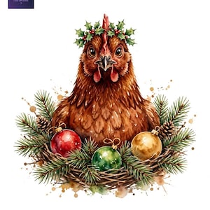 May include: A brown chicken illustration wearing a holly and berry wreath on its head, nestled in a pine branch nest with red, green, and gold spherical ornaments and pinecones, set against a plain white background.
