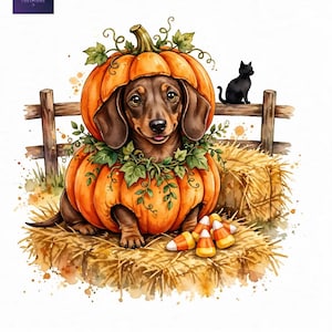 May include: A brown dachshund dog wearing a pumpkin costume with green leaves, sitting on a hay bale next to a small black cat, a wooden fence, and several pieces of orange, white, and yellow candy corn on a white background.