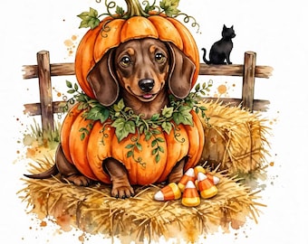 May include: A brown dachshund dog wearing a pumpkin costume with green leaves, sitting on a hay bale next to a small black cat, a wooden fence, and several pieces of orange, white, and yellow candy corn on a white background.