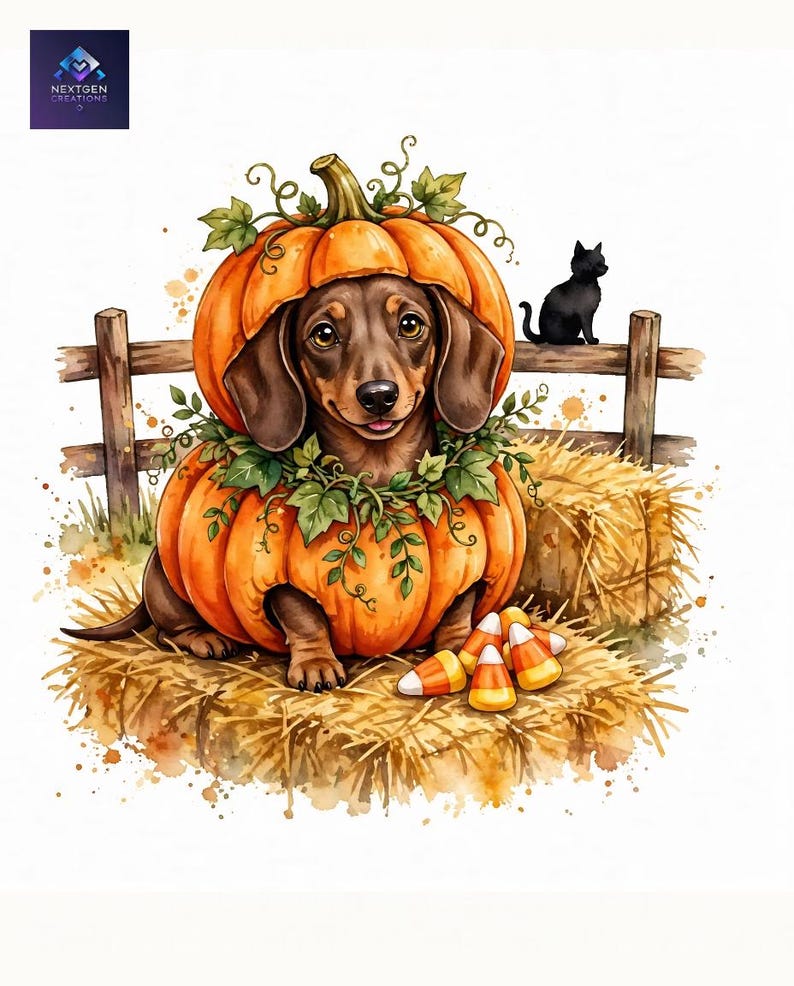 May include: A brown dachshund dog wearing a pumpkin costume with green leaves, sitting on a hay bale next to a small black cat, a wooden fence, and several pieces of orange, white, and yellow candy corn on a white background.