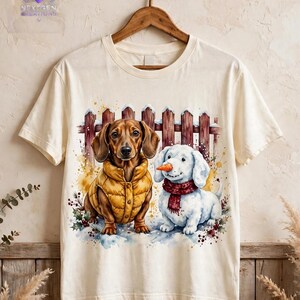 Dachshund Christmas PNG, Watercolour Dachshund in Puffer Vest with Snow Dog, Cute Winter Dog Sublimation Design, Instant Download image 2