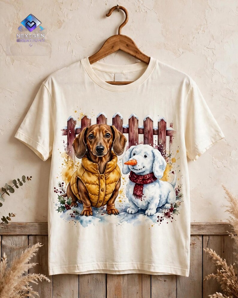 Dachshund Christmas PNG, Watercolour Dachshund in Puffer Vest with Snow Dog, Cute Winter Dog Sublimation Design, Instant Download image 2
