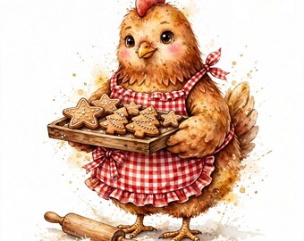 Puede incluir: Una gallina marrón con un delantal de cuadros rojos y blancos sostiene una bandeja de madera con galletas de jengibre en forma de estrella y árbol. Un rodillo de madera descansa en el suelo cerca de las patas de la gallina.