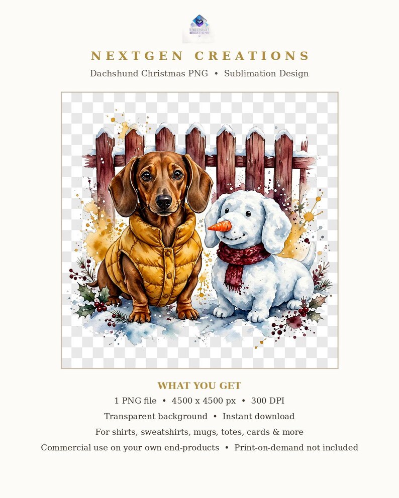 Dachshund Christmas PNG, Watercolour Dachshund in Puffer Vest with Snow Dog, Cute Winter Dog Sublimation Design, Instant Download image 7