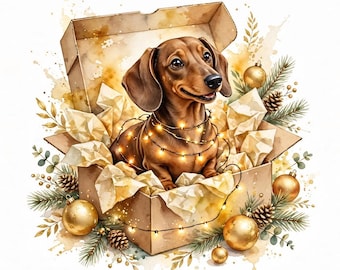Puede incluir: Un perro salchicha marrón sentado dentro de una caja de cartón abierta llena de papel arrugado. El perro está envuelto en una cadena de luces brillantes. La escena está decorada con adornos dorados, piñas y ramas de pino.