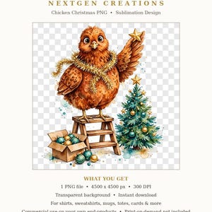 PNG de gallina navideña – Gallina de acuarela en una escalera decorando un mini árbol, clipart de sublimación de árbol de Navidad estilo granja, descarga digital imagen 7