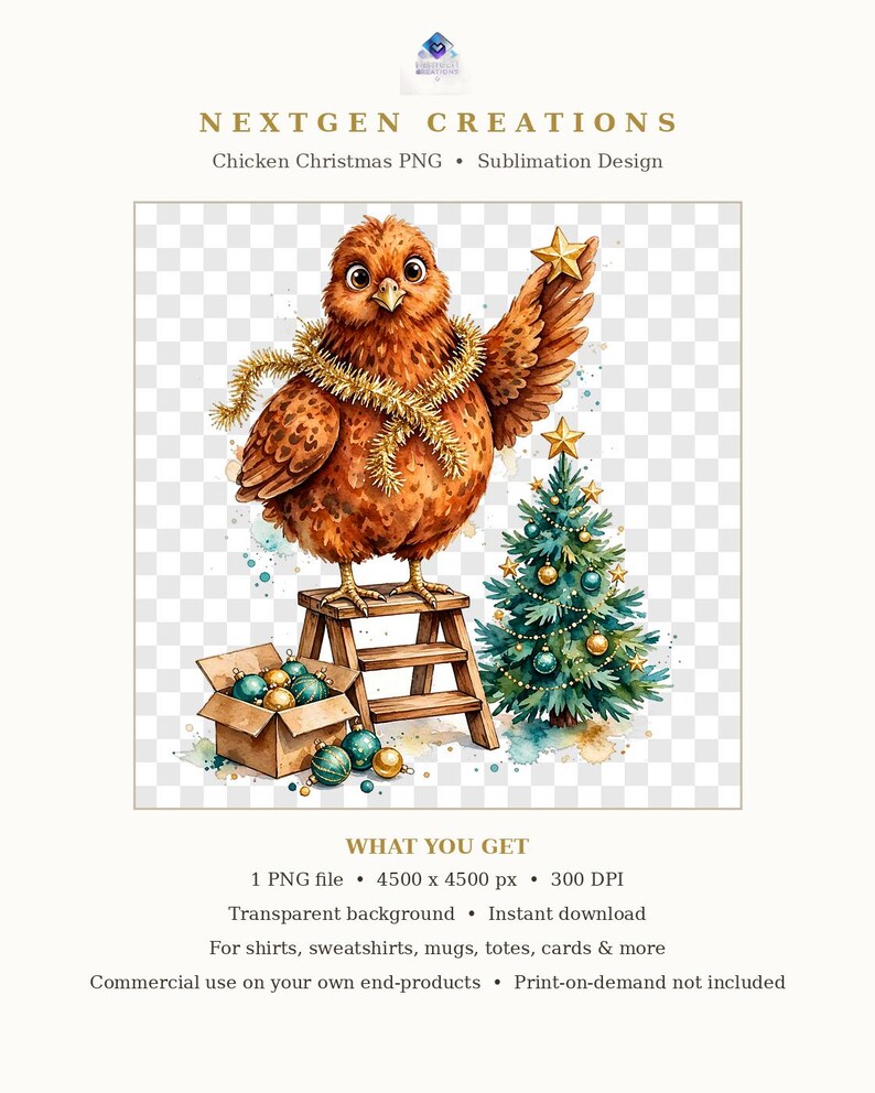 PNG de gallina navideña – Gallina de acuarela en una escalera decorando un mini árbol, clipart de sublimación de árbol de Navidad estilo granja, descarga digital imagen 7