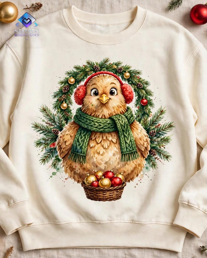 K&ouml;nnte beinhalten: Ein cremefarbenes Sweatshirt mit Rundhalsausschnitt und einem Grafikdruck eines flauschigen braunen Vogels mit roten Ohrensch&uuml;tzern und einem gr&uuml;nen Strickschal. Der Vogel sitzt in einem Tannenkranz und h&auml;lt einen Korb mit roten und goldenen Kugeln.