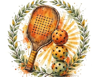 Puede incluir: Una ilustración en acuarela que muestra una pala de pickleball de madera con cara perforada, apilada con tres pelotas perforadas naranjas y verdes, enmarcada por una corona de laurel verde con rayos de sol amarillos.